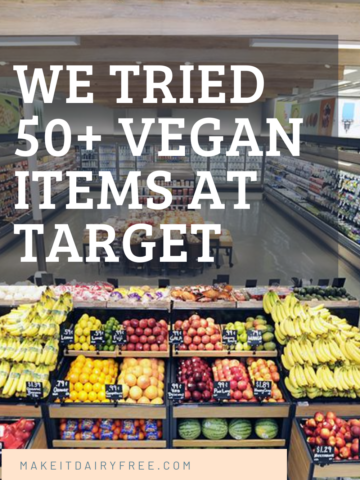 The words 50+ Vegan Food Finds at Target overlayed onto aisle of store.