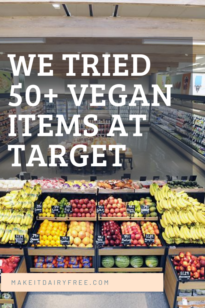 A aisle of Target with the words 50+ Vegan Food Finds at Target overlayed.