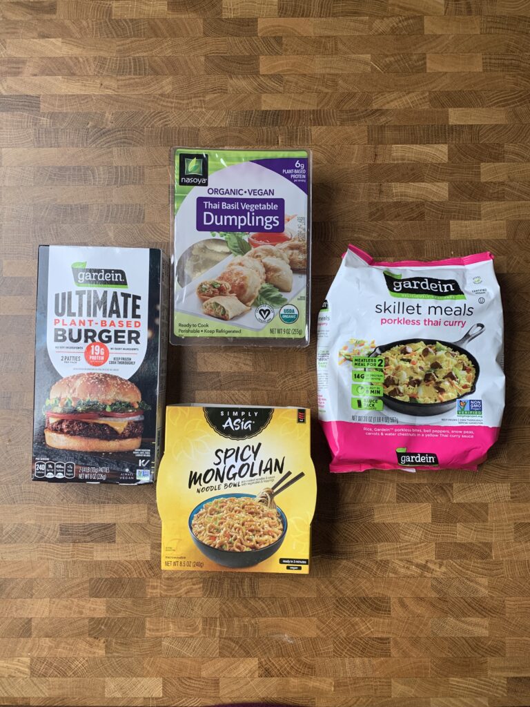 A collection of vegan main course items found at Target on a table.