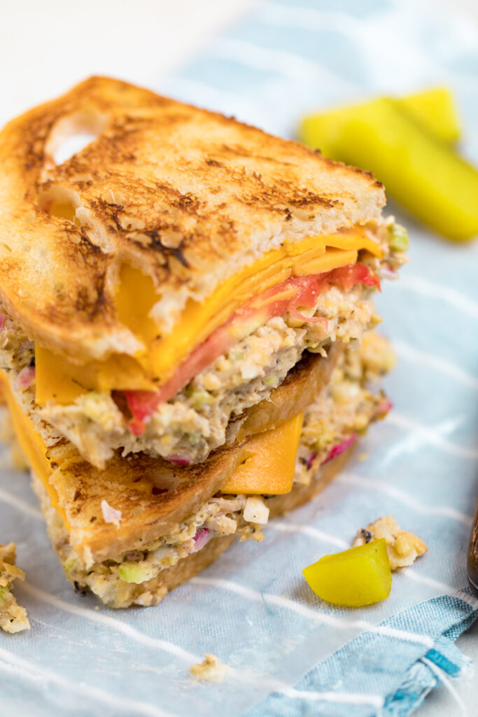Top of crispy toasted Vegan tuna melt sandwich.