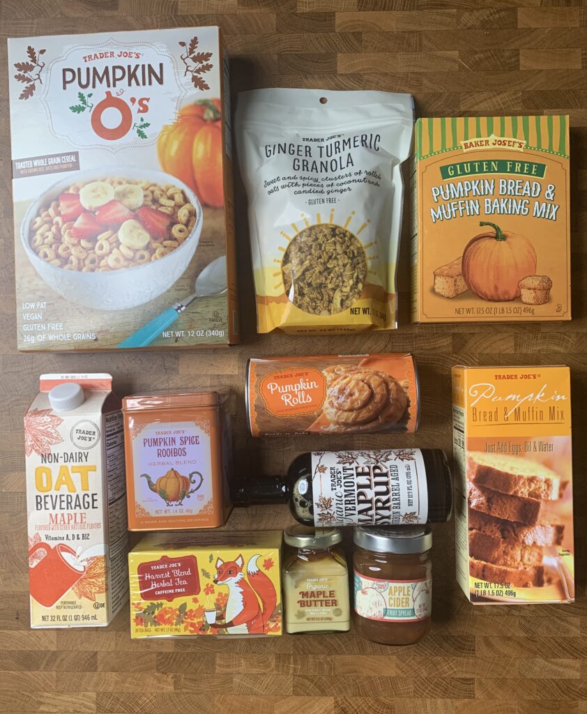 An assortment of vegan pumpkin products from Trader Joe\'s from fall 2020.