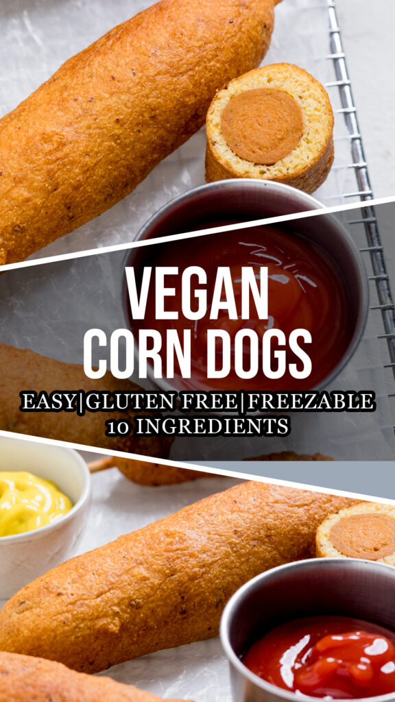 A collage of vegan corn dogs.