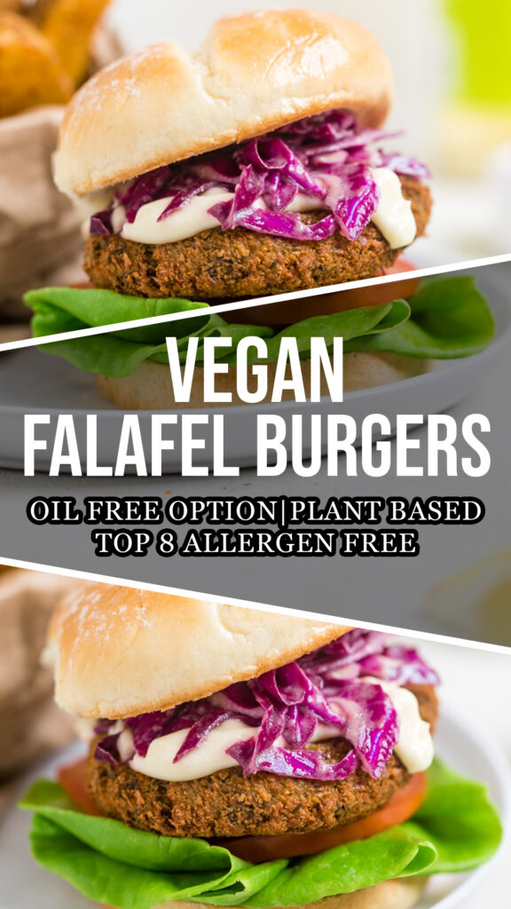 A collage of vegan falafel burgers. 