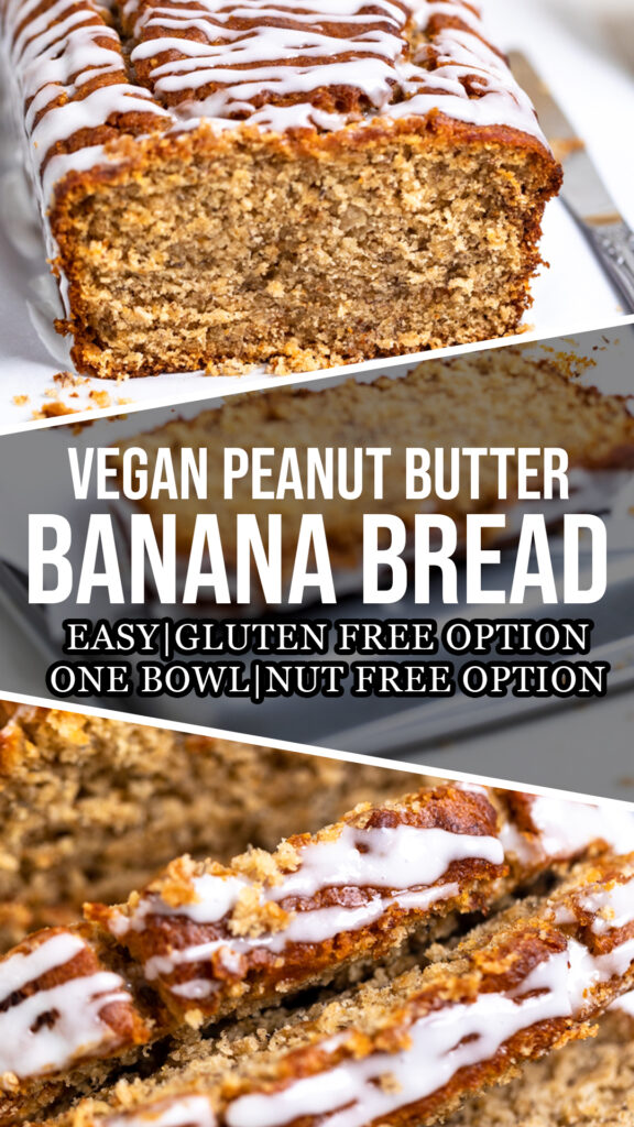 A collage of vegan peanut butter banana bread.