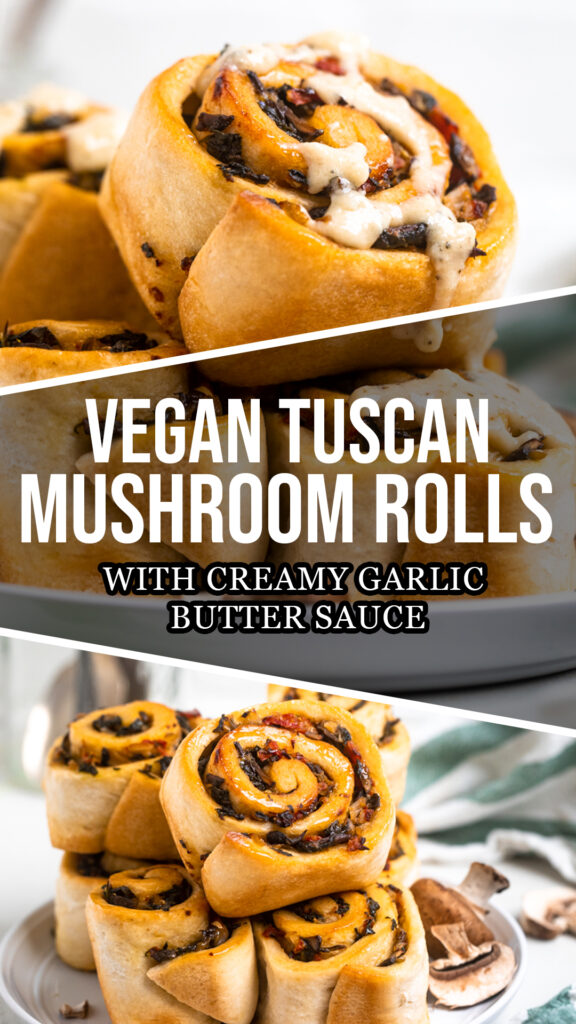 A collage of vegan tuscan mushroom rolls.