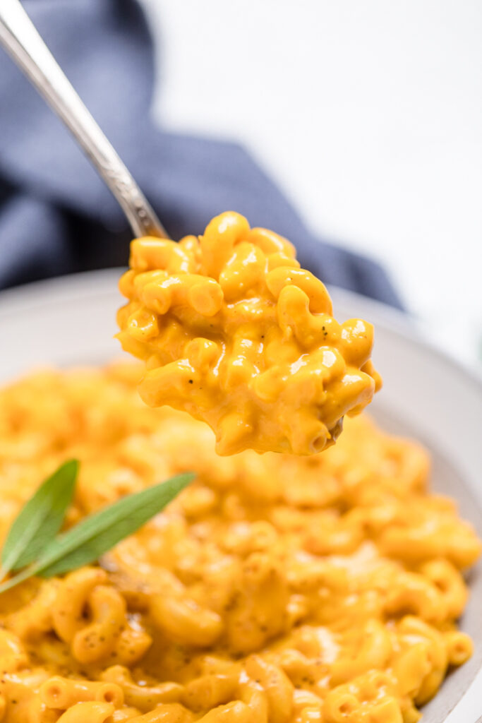 A spoonful of vegan pumpkin mac and cheese held over a bowl. 