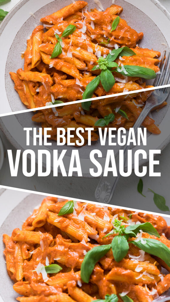 a collage of vegan penne alla vodka. 