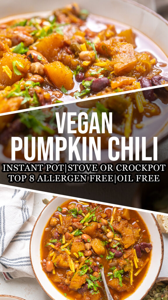 A collage of vegan pumpkin chili.