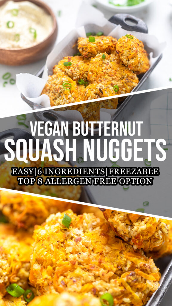 A collage of vegan butternut squash nuggets.