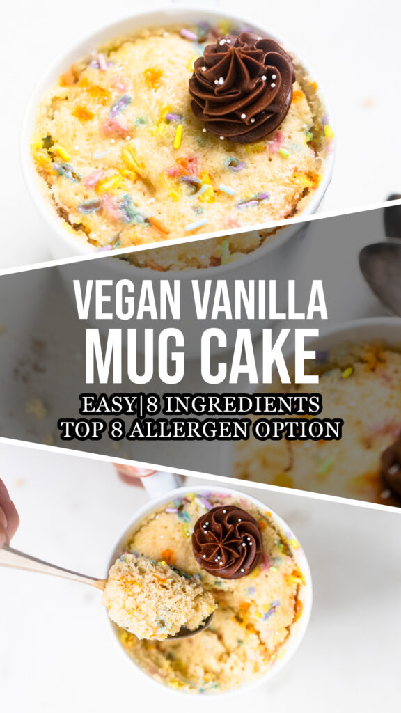 A collage of vegan vanilla mug cake.