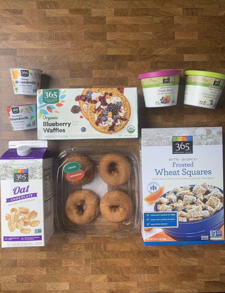 An assortment of vegan 365 breakfast product packages.