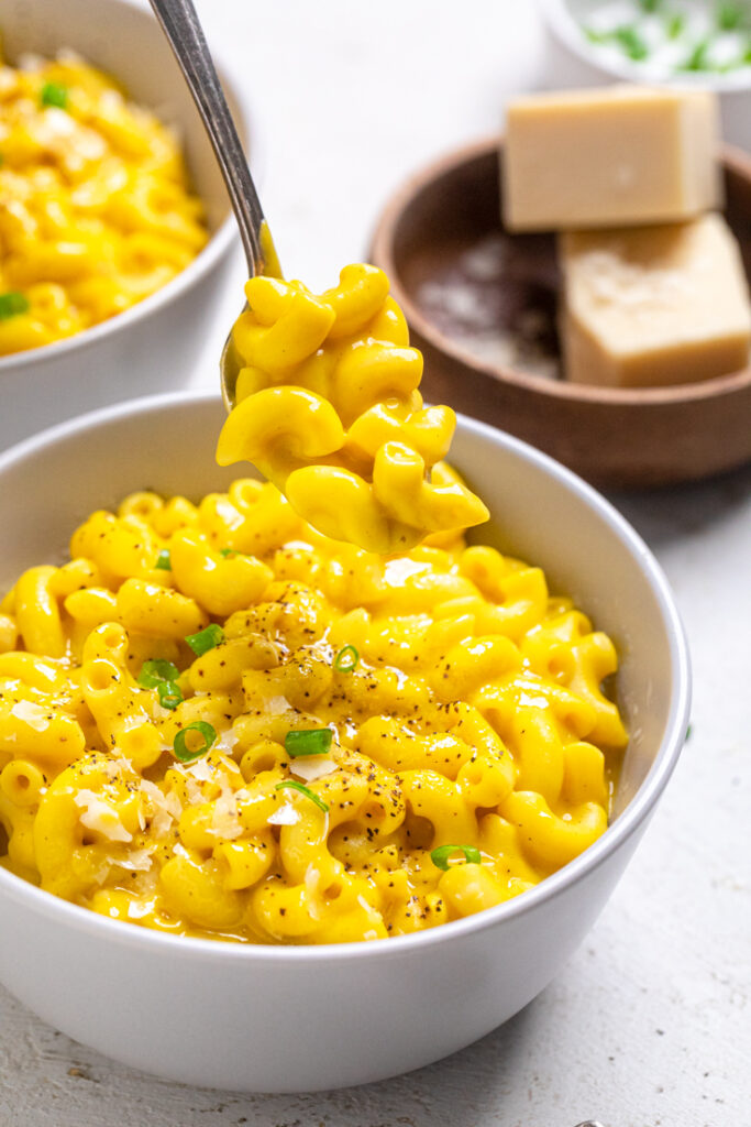 A spoonful of vegan butternut squash mac and cheese. 