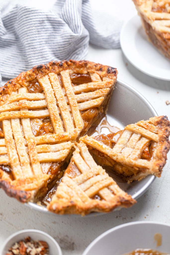 A lattice topped vegan caramel apple pie.