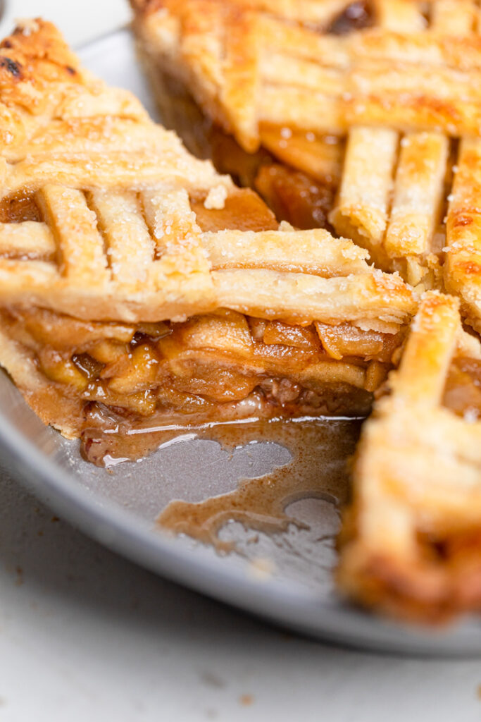 The inside of a vegan caramel apple pie slice.
