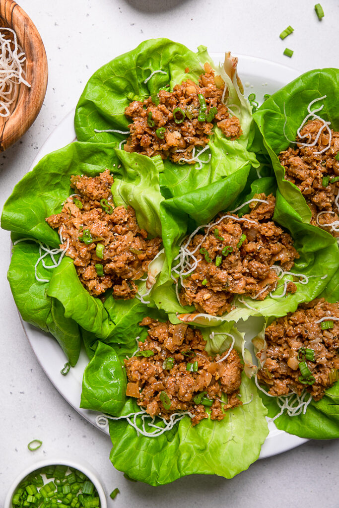 Top of a plate of Copycat P.F. Chang\'s Vegan Lettuce Wraps. 