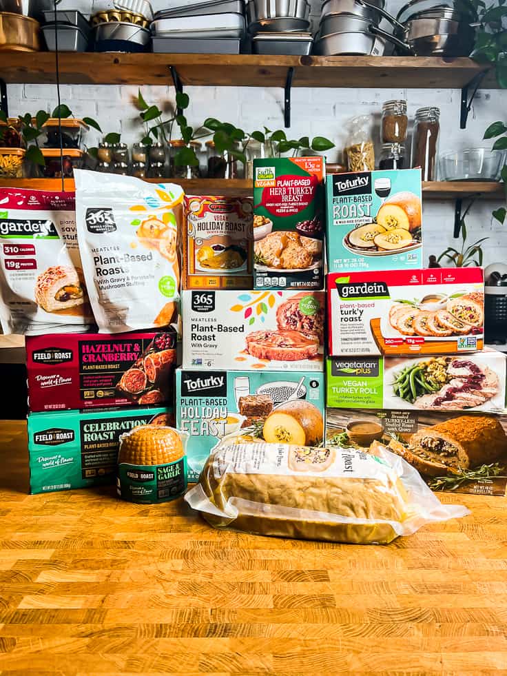 large variety of vegan turkey roast substitute packages. 