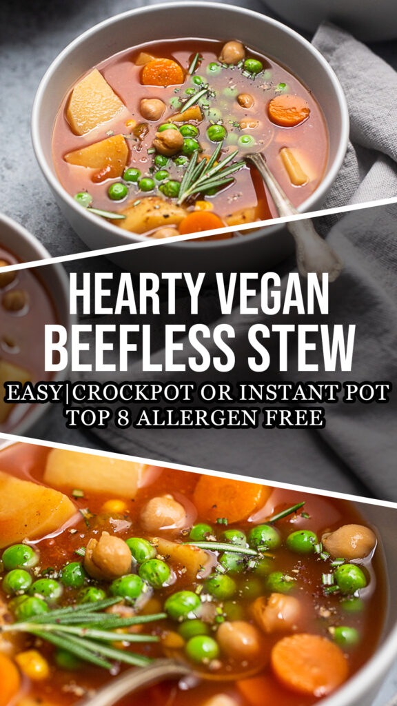 Hearty Vegan Beefless Stew collage of photos. 