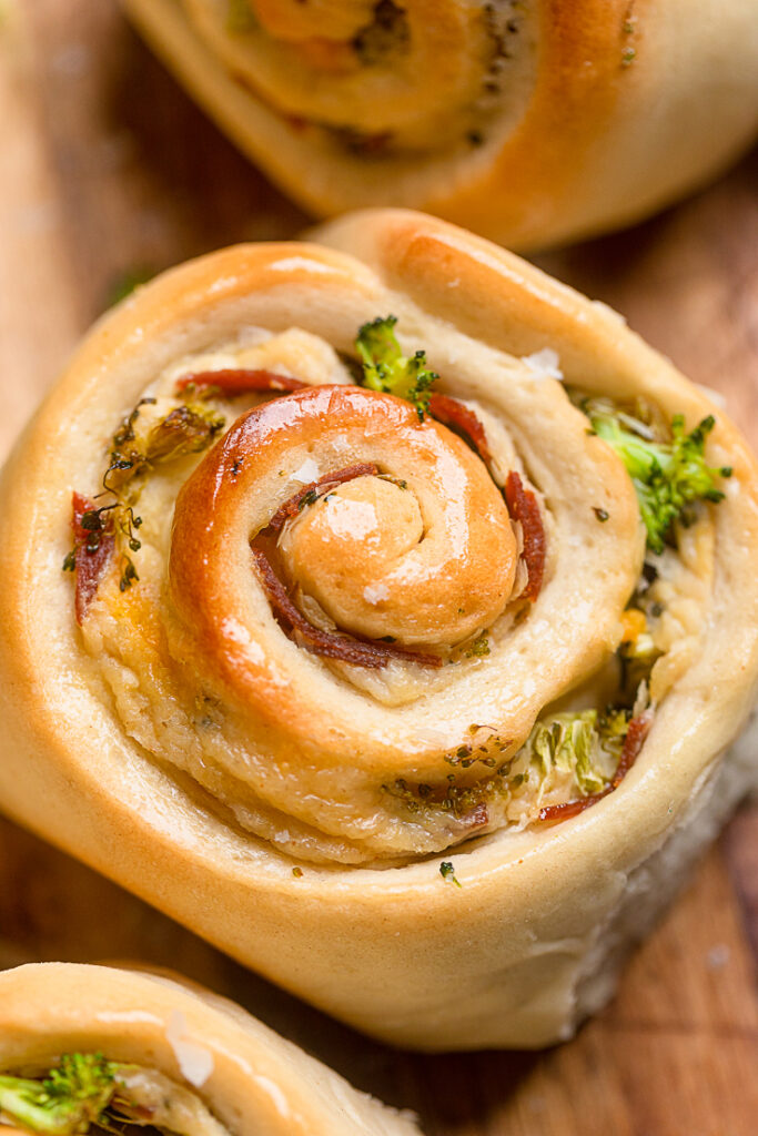 A Vegan Ham and Broccoli Cheese Roll cooked to golden brown. 