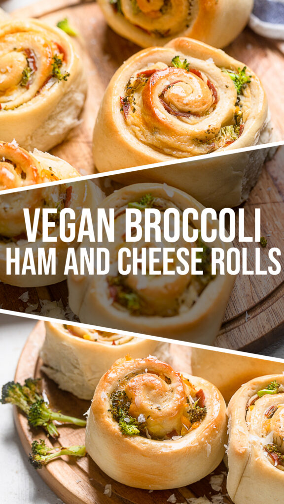 A collage of Vegan Ham and Broccoli Cheese Rolls.