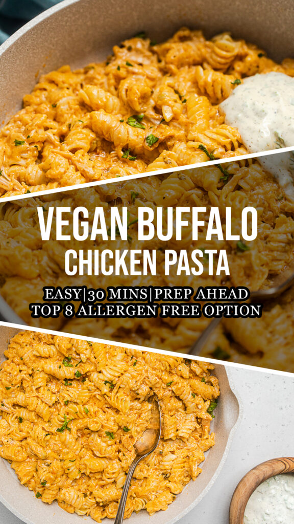Vegan Buffalo Chicken Pasta collage of photos.