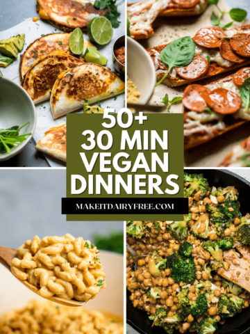 the words Fifty plus 30 minute vegan dinners overlayed across four meal photos.