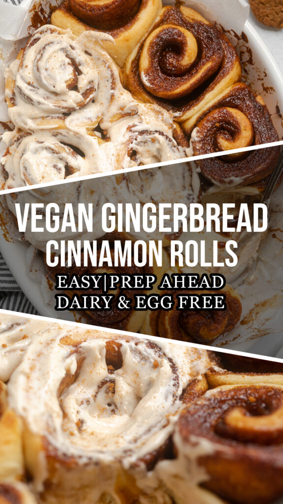 A collage of Vegan Gingerbread Cinnamon Rolls photos.