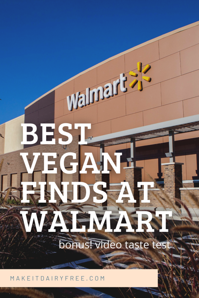 The words Best Vegan Finds at Walmart overlayed onto a Walmart storefront.