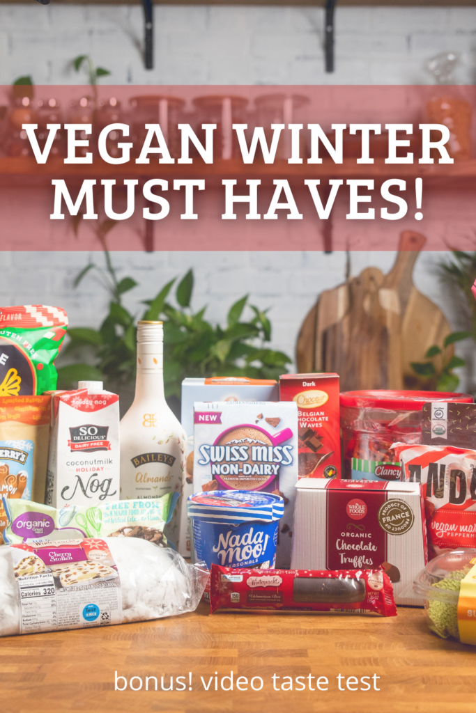 A table of vegan winter items and the words Vegan Winter Must Haves overlayed.