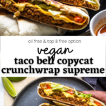 a collage of vegan taco bell copycat crunchwrap supremes.