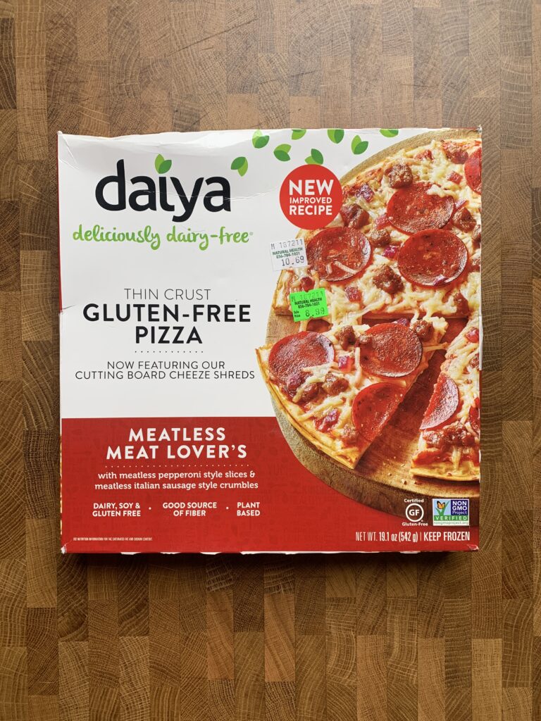 A box of Daiya Dairy Free Gluten-Free Pizza Meatless Meat Lovers.