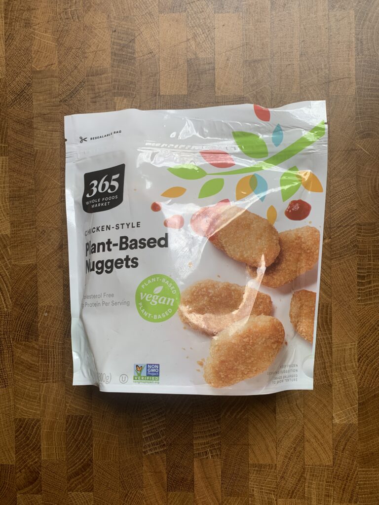 365 chicken style plant based nuggets package.