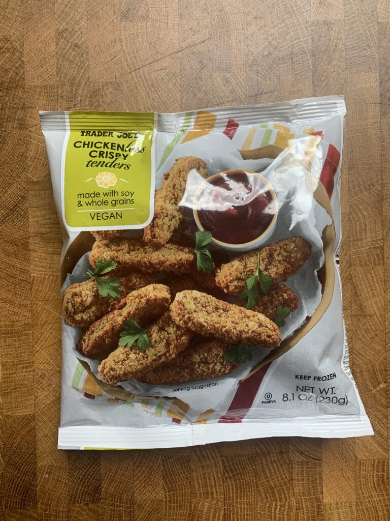 Trader Joes vegan crispy chicken tenders package.
