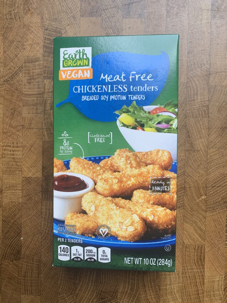 Earth grown organic vegan meat free chickenless tenders package. 