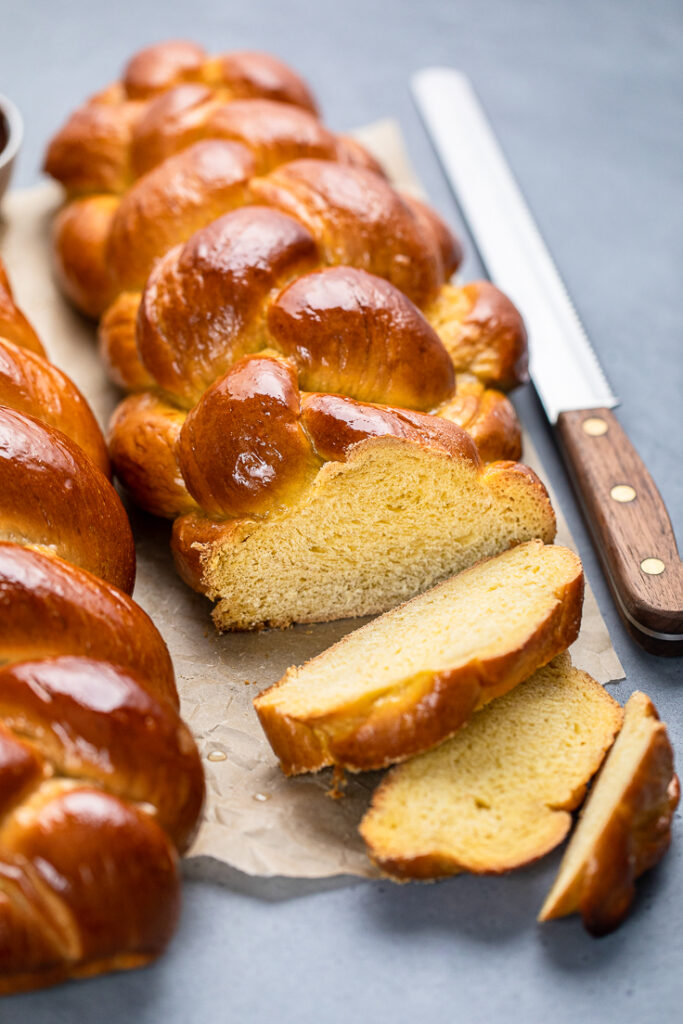 Slices of Vegan Challah Bread to show fluffy texture.