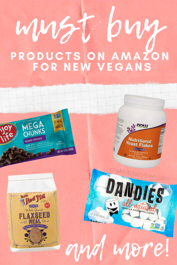 A few vegan products with the words must buy products on amazon for new vegans overlayed.