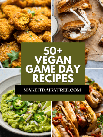 The words 50 vegan game day recipes overlayed on four game day recipe photos.