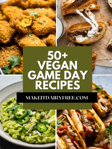 The words 50 vegan game day recipes overlayed on four game day recipe photos.