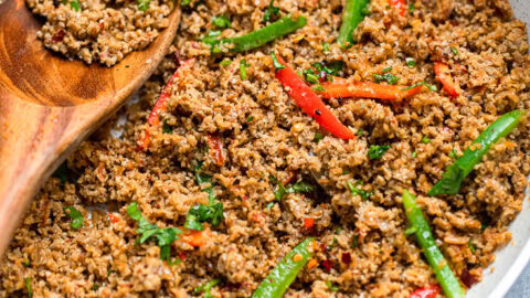 A bowl of Vegan sunflower seed taco meat and fresh red and green peppers