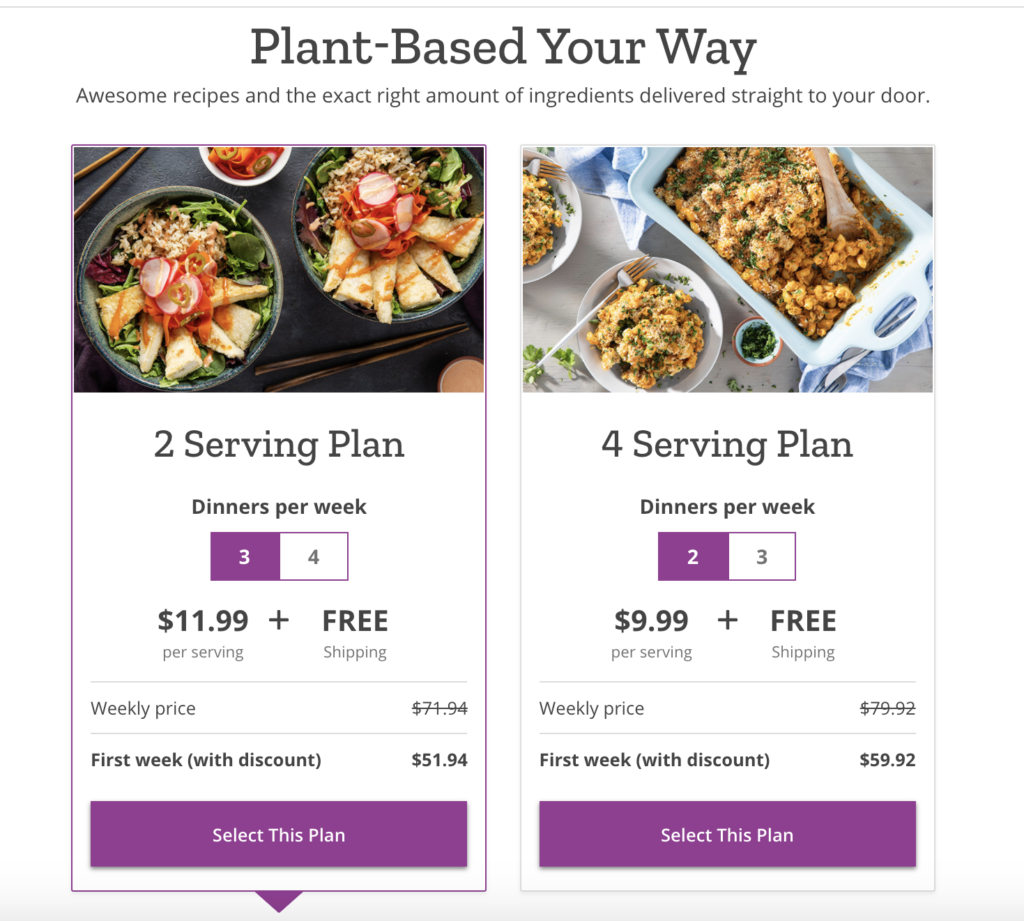 Purple Carrot meal delivery service serving plans.