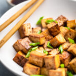 A bowl of vegan garlic soy lime tofu.
