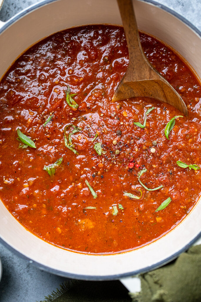 A pot of homemade vegan spaghetti sauce. 