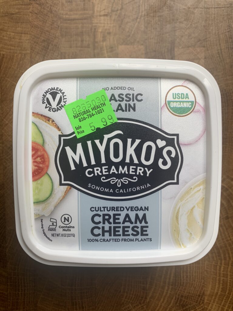 A container of Miyoko\'s Creamery cultured vegan cream cheese.