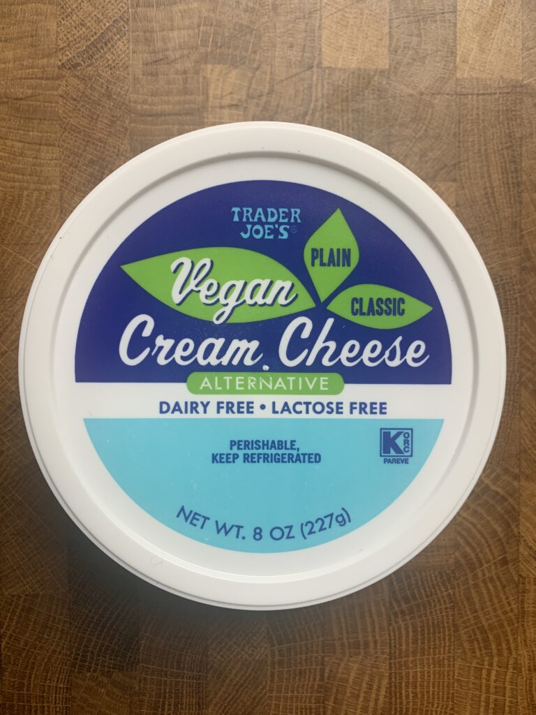A container of Trader Joes Vegan Cream Cheese.