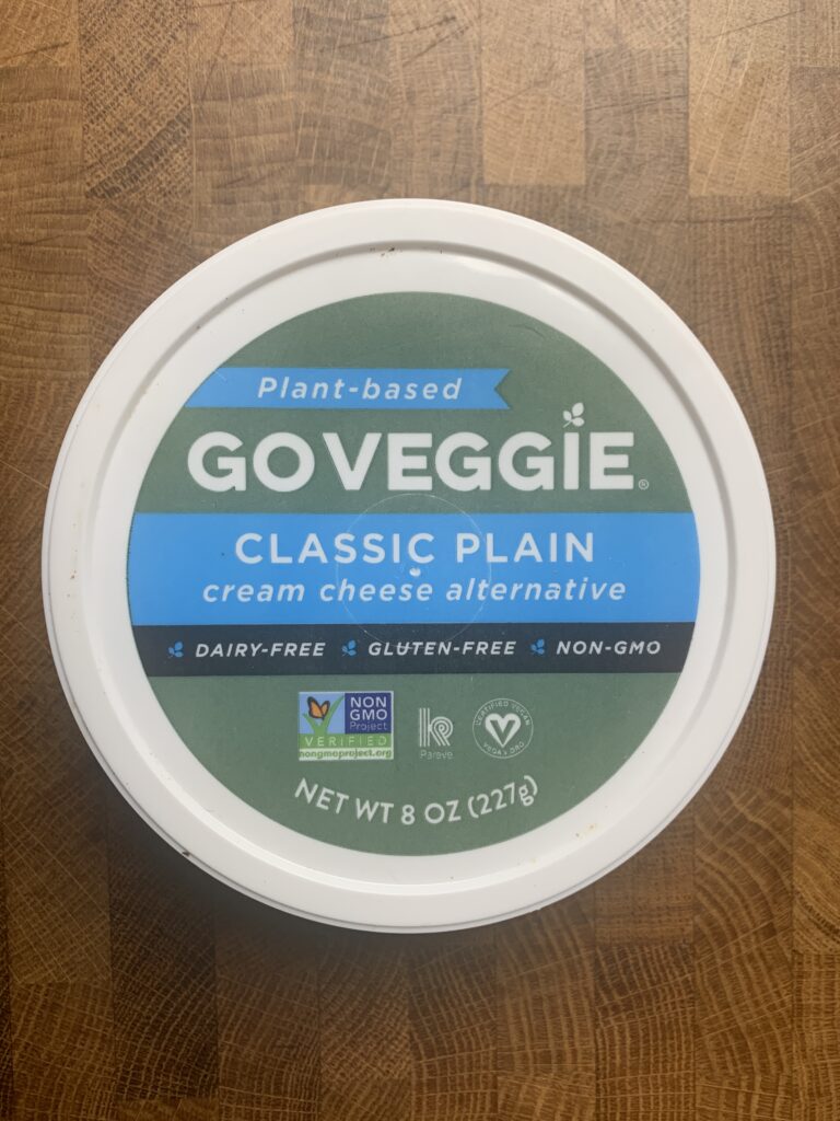 A container of Goveggie plant-based classic plain cream cheese alternative. 