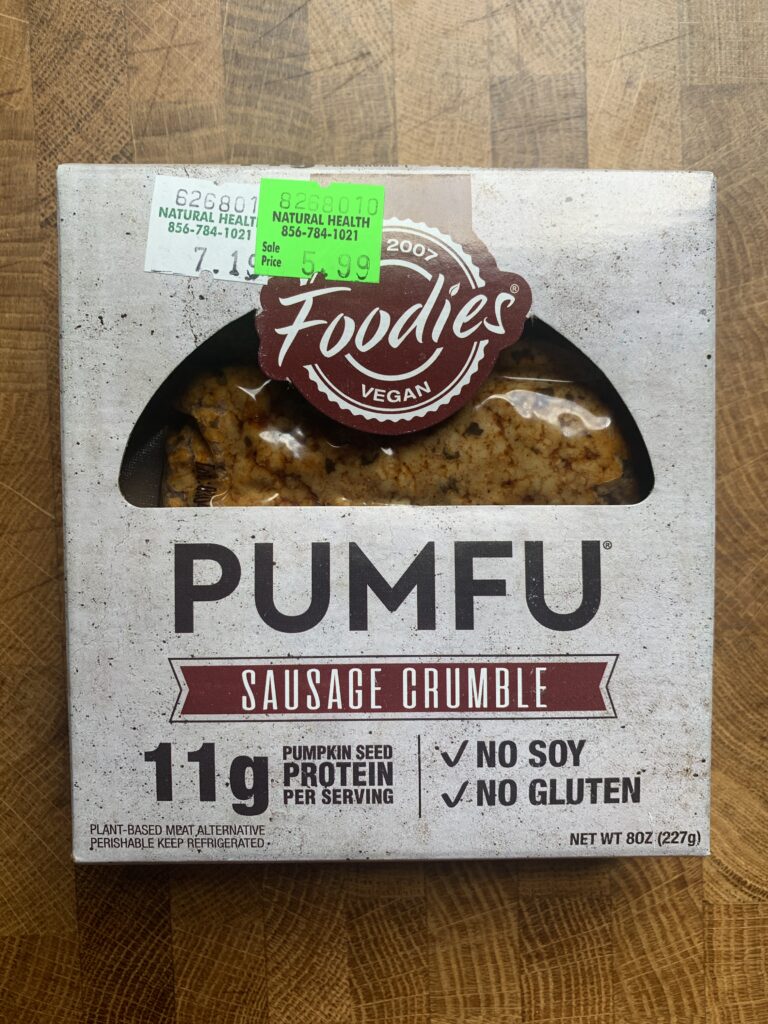 A box of Pumfu Sausage Crumble.