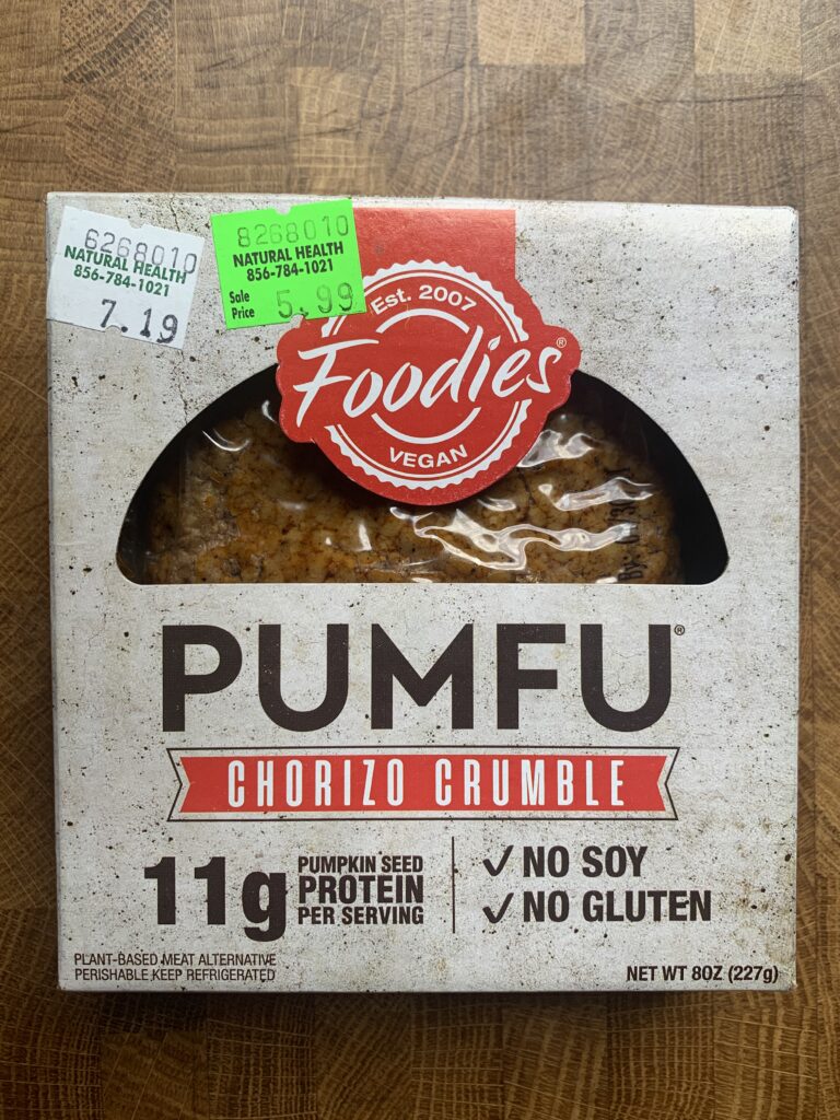 A box of Pumfu Chorizo Crumble.