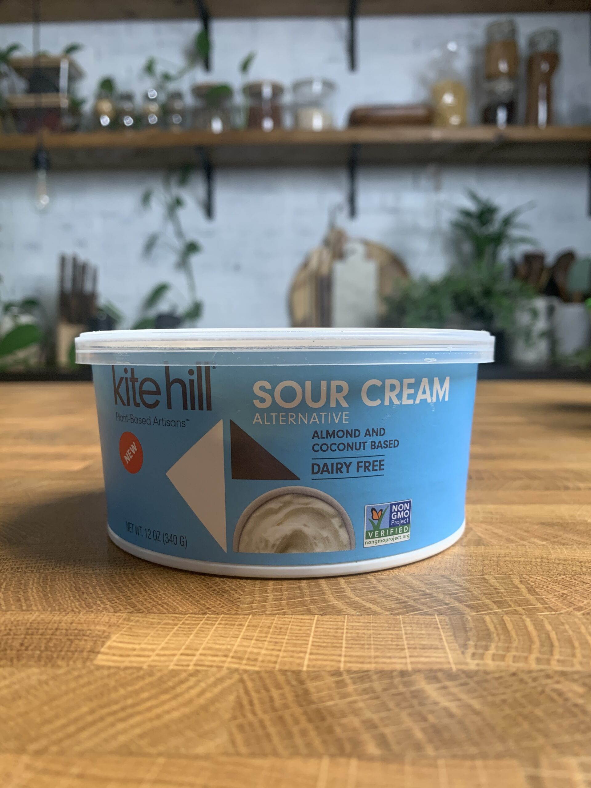 A container of Kite Hill Dairy-Free Sour Cream. 