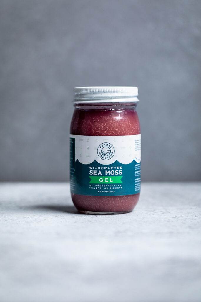 A bottle of Herbal Vineyards of purple sea moss gel. 