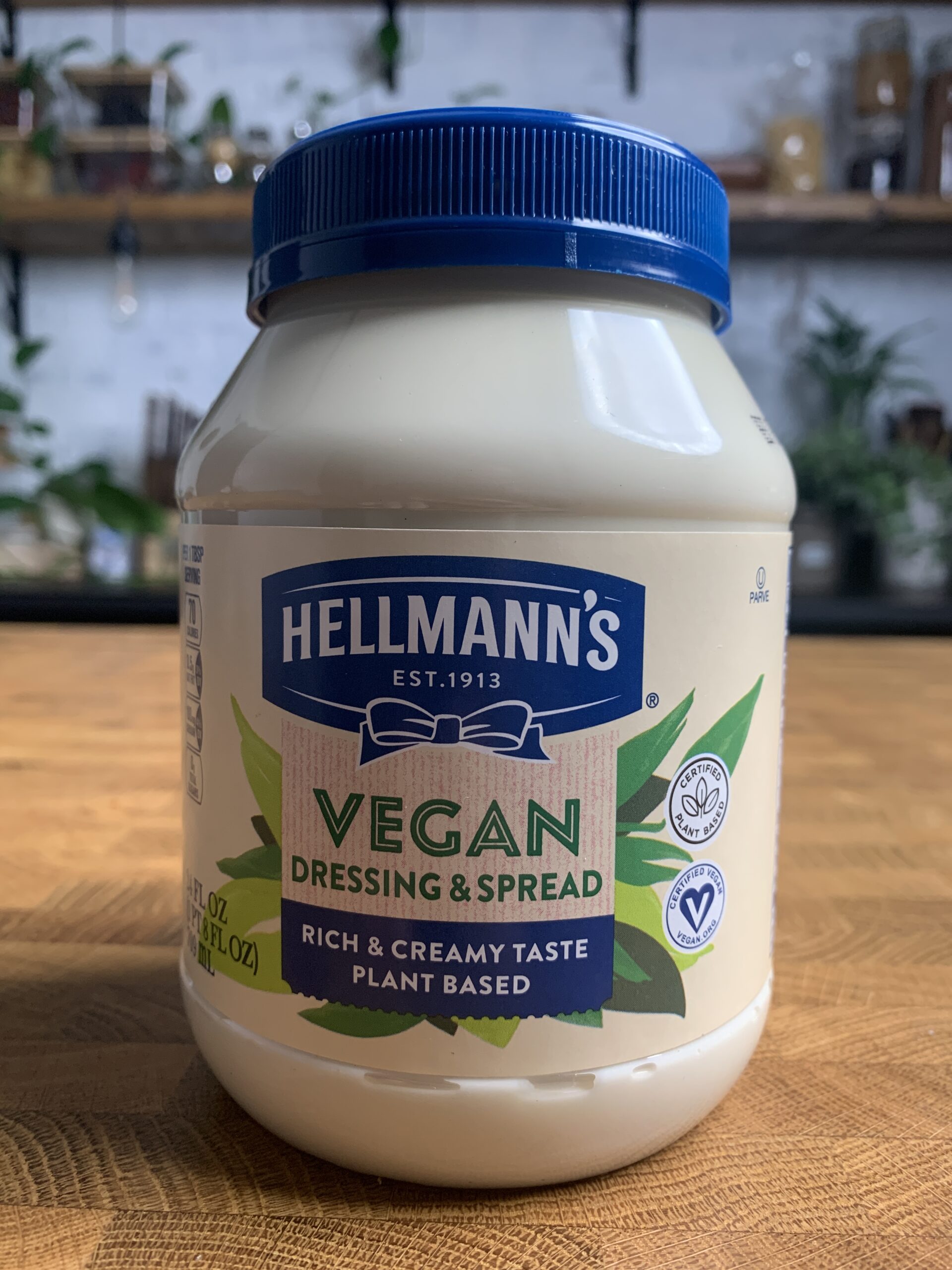 A jar of Hellmann\'s vegan dressing and spread.