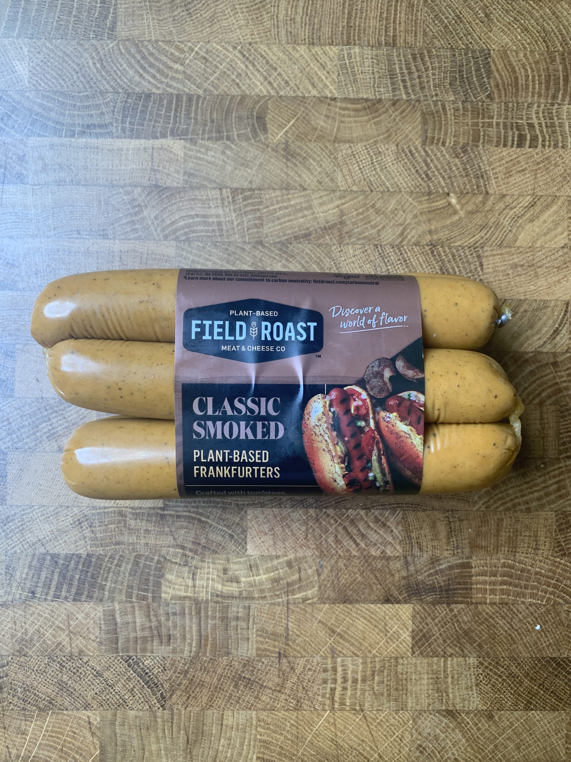 A pack of Field Roast plant-based frankfurters.